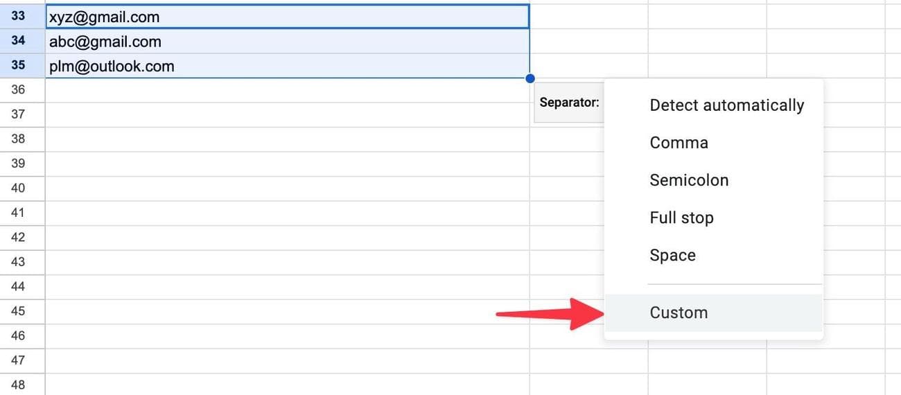 επιλέξτε προσαρμοσμένο σε διαίρεση κειμένου σε στήλες στα Φύλλα Google