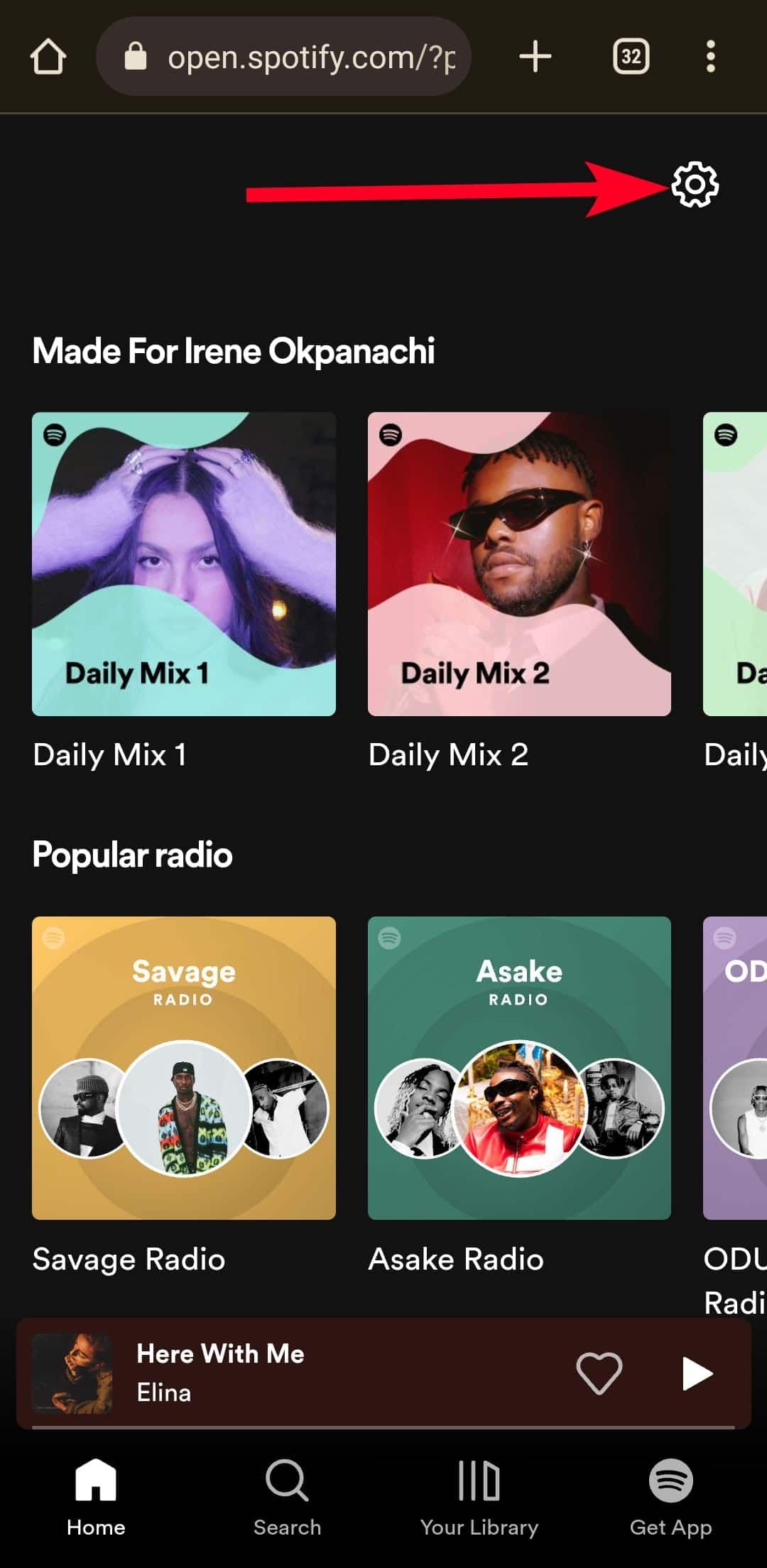 Ιστοσελίδα Home Spotify στο πρόγραμμα περιήγησης Chrome για κινητά