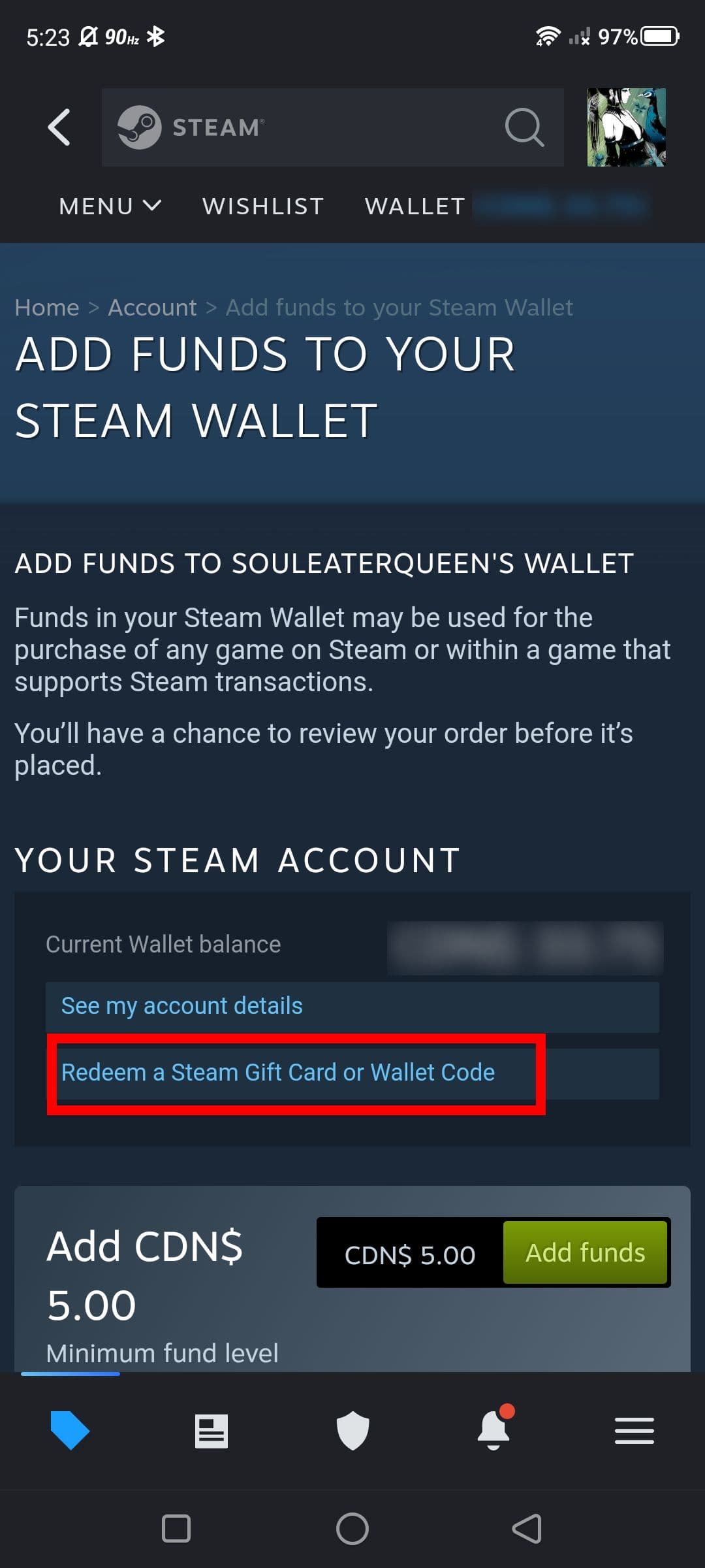 Στιγμιότυπο οθόνης όπου μπορείτε να εξαργυρώσετε δωροκάρτες και κωδικούς Πορτοφολιού Steam ενώ βρίσκεστε στην εφαρμογή Steam