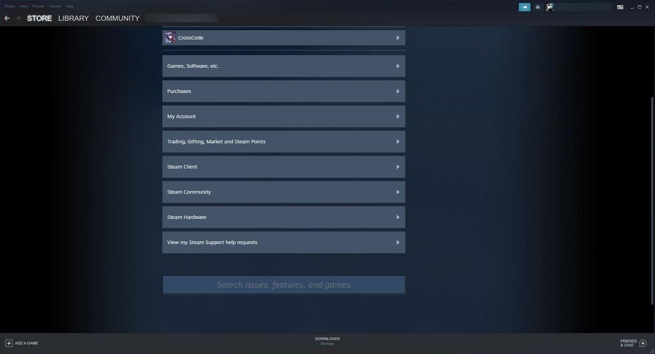 Στιγμιότυπο οθόνης του μενού βοήθειας Steam στην εφαρμογή Steam για επιφάνεια εργασίας