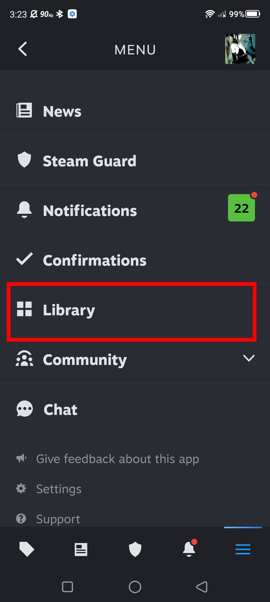 Στιγμιότυπο οθόνης του σημείου προβολής της βιβλιοθήκης παιχνιδιών Steam ενώ βρίσκεστε στην εφαρμογή
