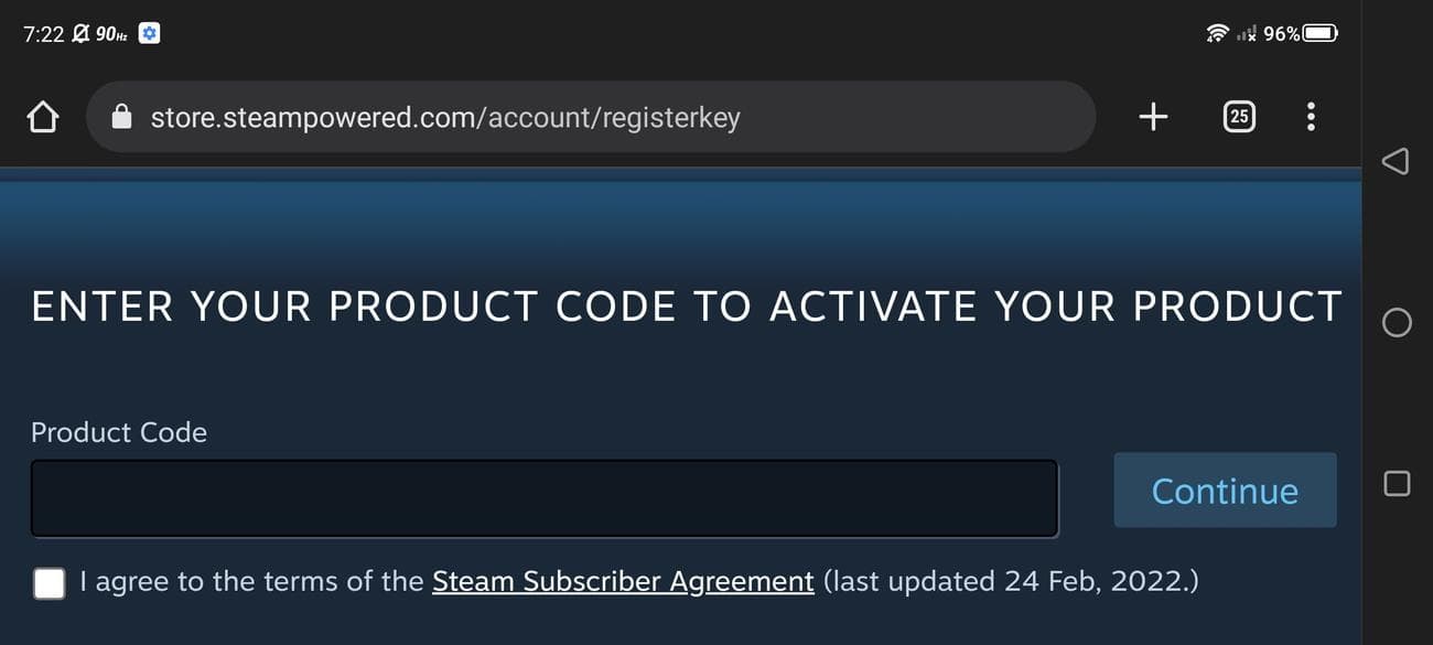 Στιγμιότυπο οθόνης πλοήγησης στο πεδίο εξαργύρωσης κλειδιού Steam