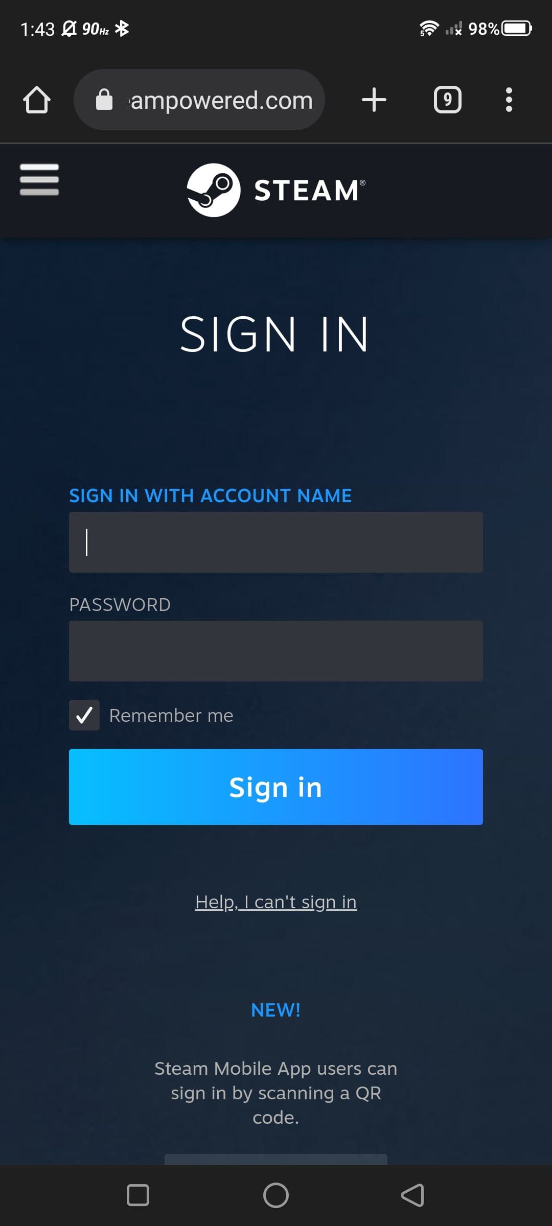 Στιγμιότυπο οθόνης σύνδεσης στο Steam σε πρόγραμμα περιήγησης ιστού για κινητά