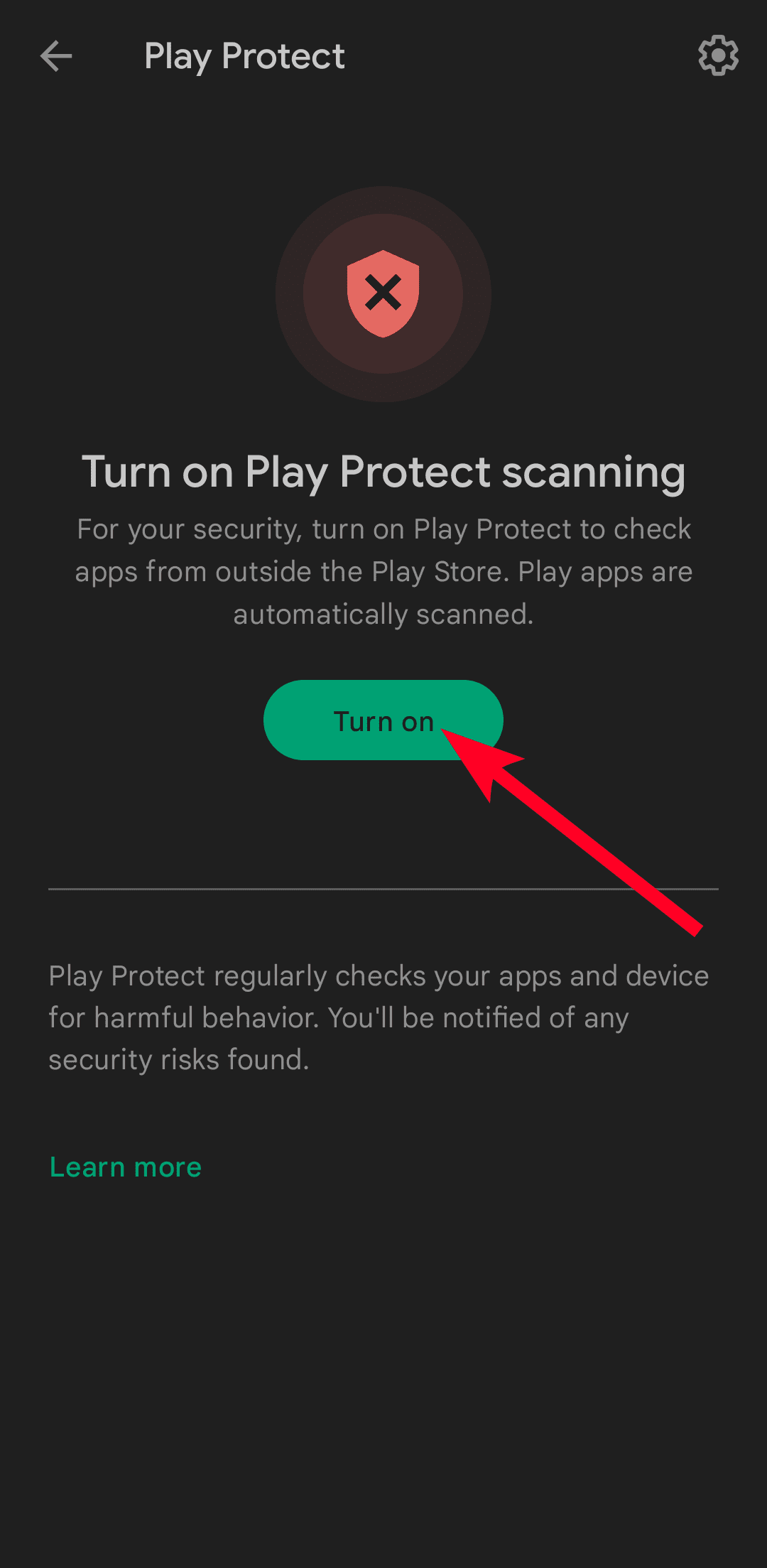 Turn on button for Google Play Protect on Android