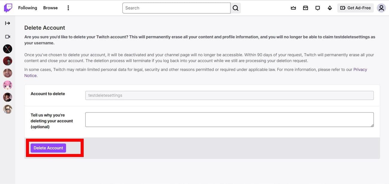 Κόκκινο ορθογώνιο περίγραμμα στο κουμπί Διαγραφή λογαριασμού στο Twitch (Google Chrome)