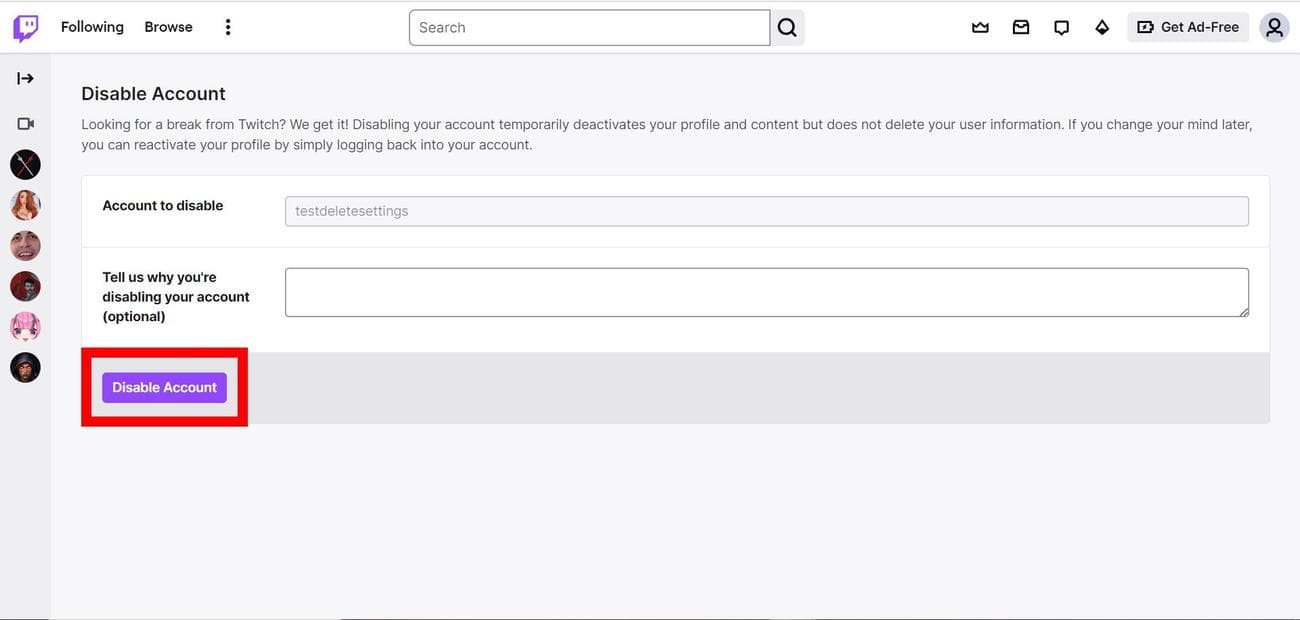 Κόκκινο ορθογώνιο περίγραμμα στο κουμπί Απενεργοποίηση λογαριασμού στο Twitch (Google Chrome)