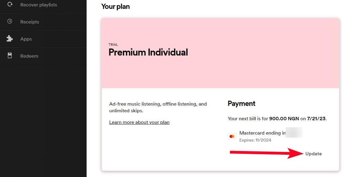 Ενημέρωση τρόπου πληρωμής Spotify στο πρόγραμμα περιήγησης υπολογιστή Chrome