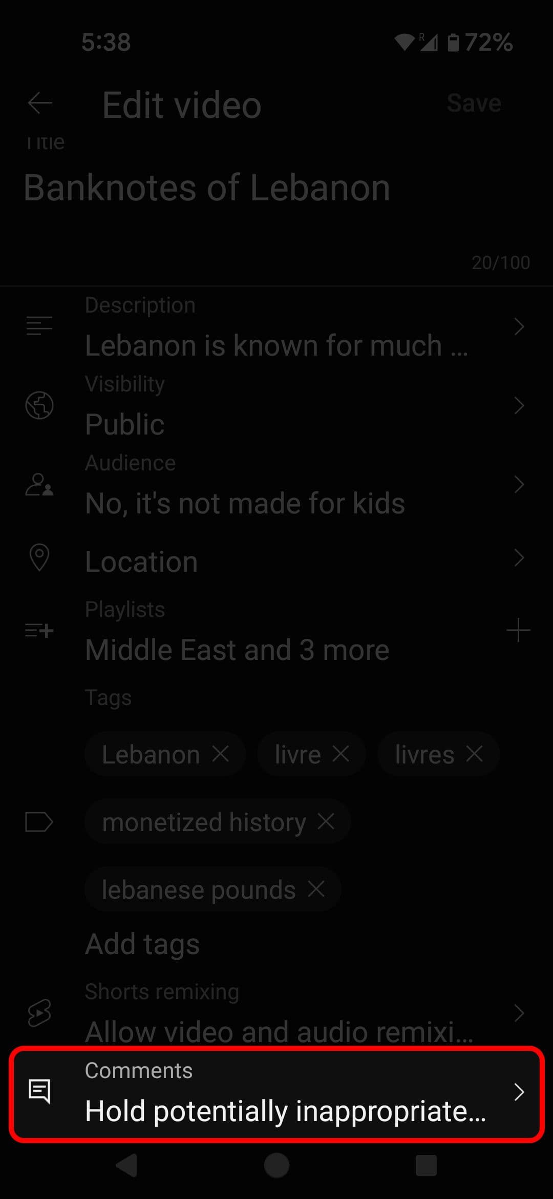 YouTube για κινητά μενού Επεξεργασία βίντεο που επισημαίνει την ενότητα Σχόλια