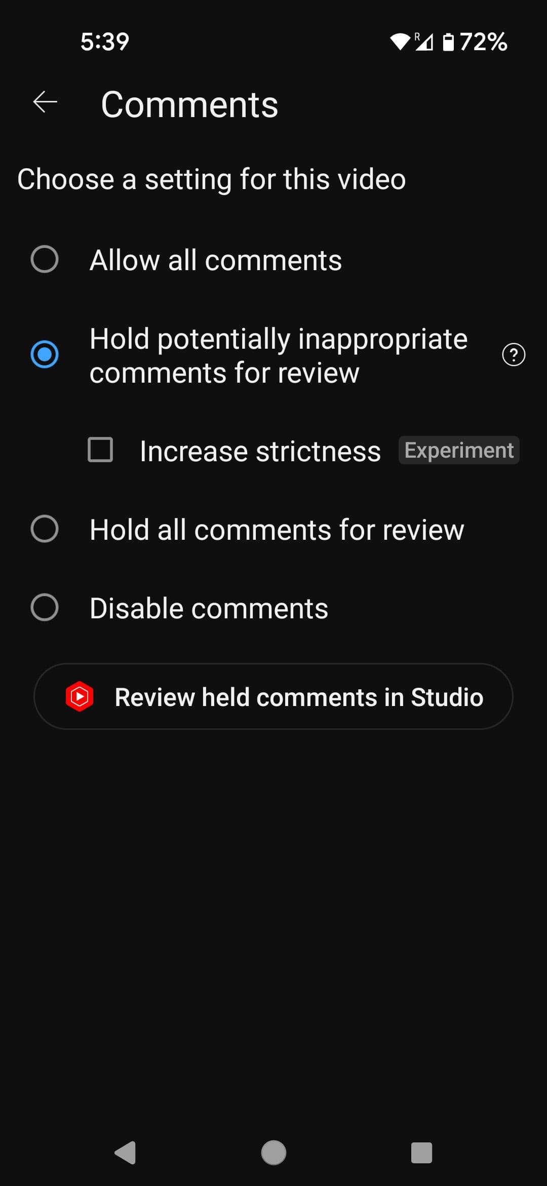 Επιλογές σχολίων βίντεο YouTube για κινητά