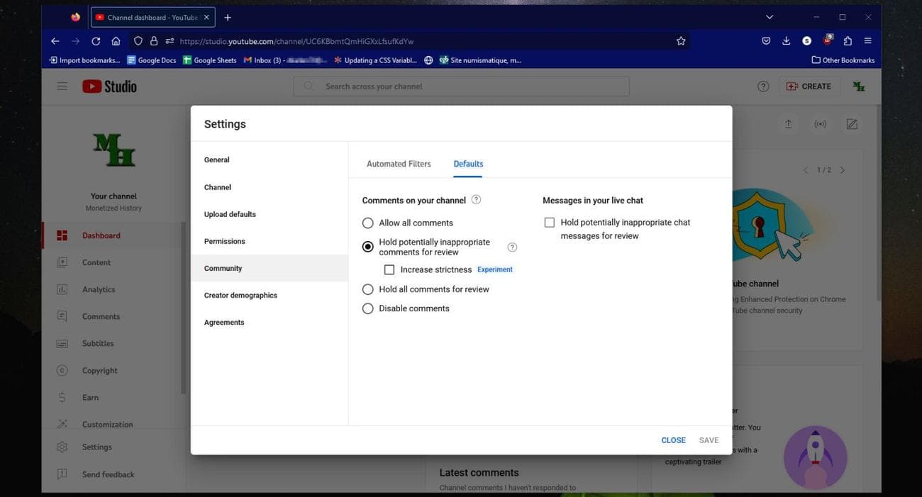 Μενού ρυθμίσεων προγράμματος περιήγησης YouTube Studio