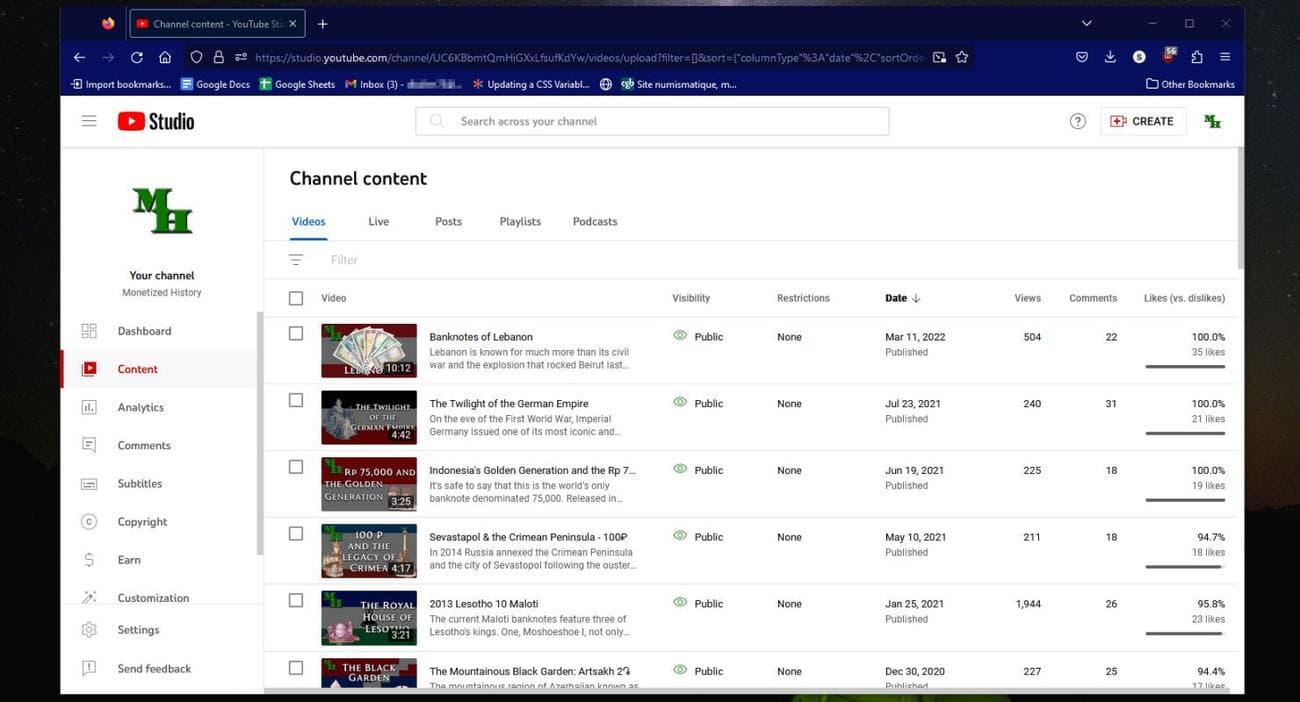Οθόνη περιεχομένου καναλιού προγράμματος περιήγησης YouTube Studio