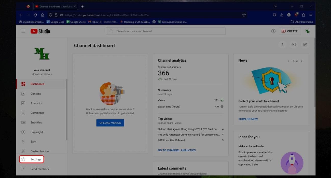 Η αρχική οθόνη του προγράμματος περιήγησης YouTube Studio επισημαίνει την επιλογή Ρυθμίσεις