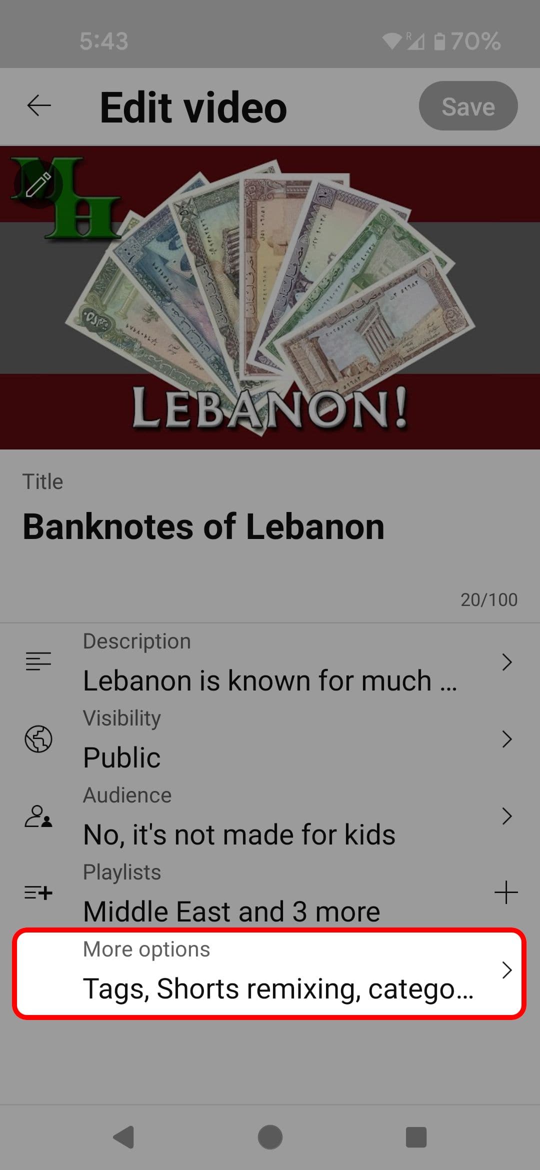 YouTube Studio για κινητά μενού Επεξεργασία βίντεο που επισημαίνει την επιλογή Περισσότερες επιλογές