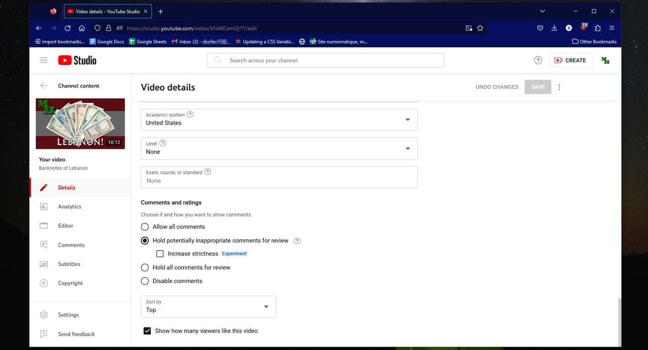 Επιλογές σχολίων βίντεο του προγράμματος περιήγησης YouTube Studio
