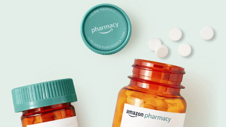 An Amazon Pharmacy graphic showing tablets and tubs