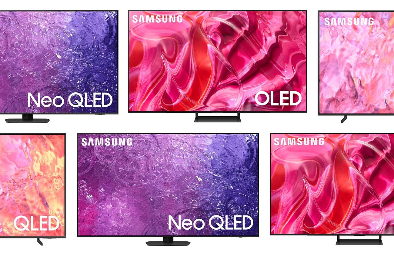 Samsung TVs arranged in a pattern. They
