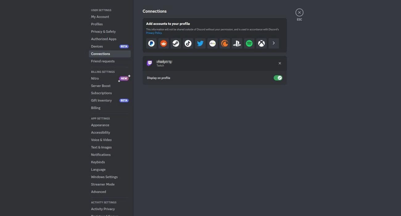 Μενού Discord Connections