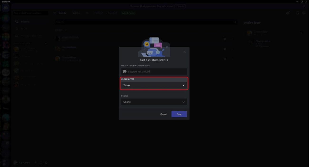 Discord Custom Status μενού που επισημαίνει το αναπτυσσόμενο μενού Clear After