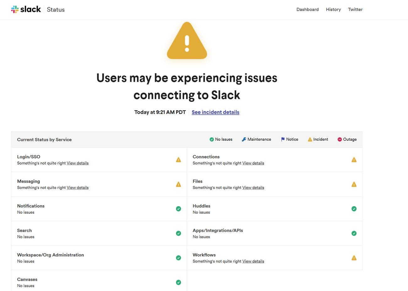 Στιγμιότυπο οθόνης της σελίδας κατάστασης Slack που δείχνει την τρέχουσα διακοπή λειτουργίας
