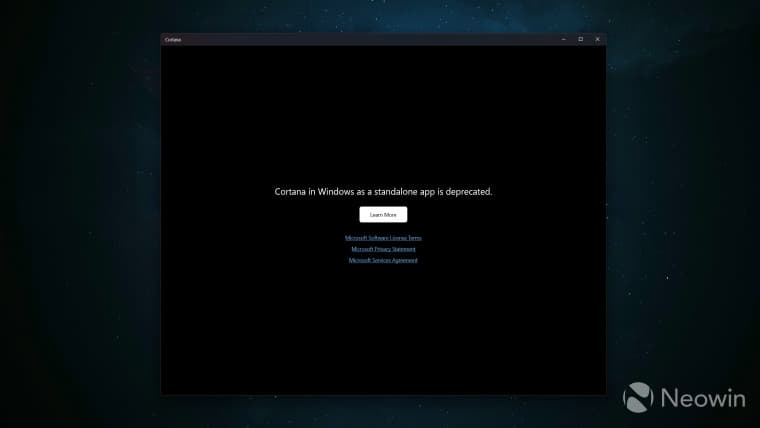 Στιγμιότυπο οθόνης που δείχνει την εφαρμογή Microsoft Cortana