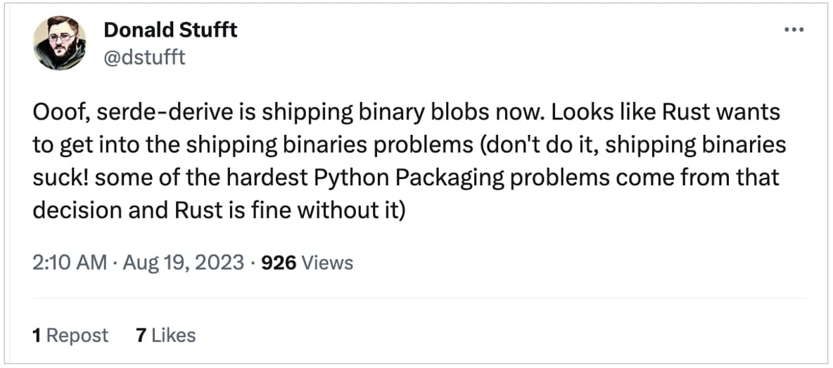 , Οι προγραμματιστές Rust ωθούν πίσω καθώς το έργο Serde στέλνει προμεταγλωττισμένα δυαδικά αρχεία, TechWar.gr