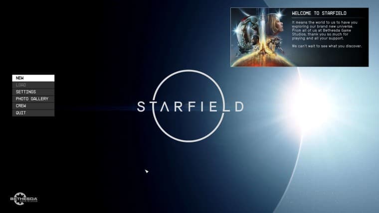 Starfield start screen