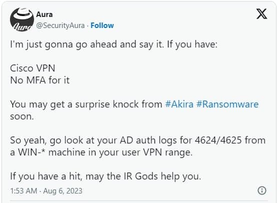 , Το Akira ransomware στοχεύει τα Cisco VPN για να παραβιάσουν οργανισμούς, TechWar.gr