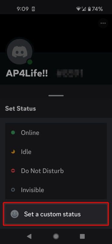 Το μενού Discord Set Status για κινητά επισημαίνει την επιλογή μενού Ορισμός προσαρμοσμένης κατάστασης