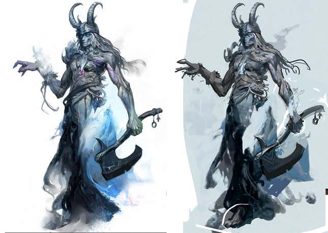 Αριστερά: Τελικό έργο τέχνης στο Bigbys Presents.  Δεξιά: Αρχικά σκίτσα