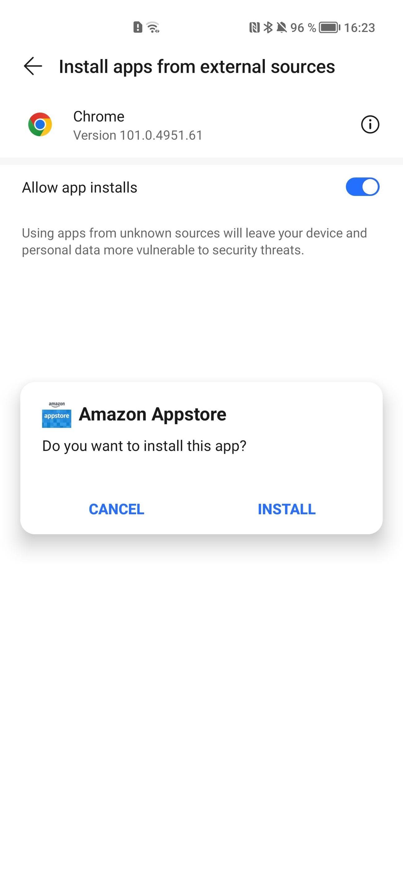 Οι ρυθμίσεις του Chrome για κινητά με την επιλογή να επιτρέπονται οι εγκαταστάσεις εφαρμογών.