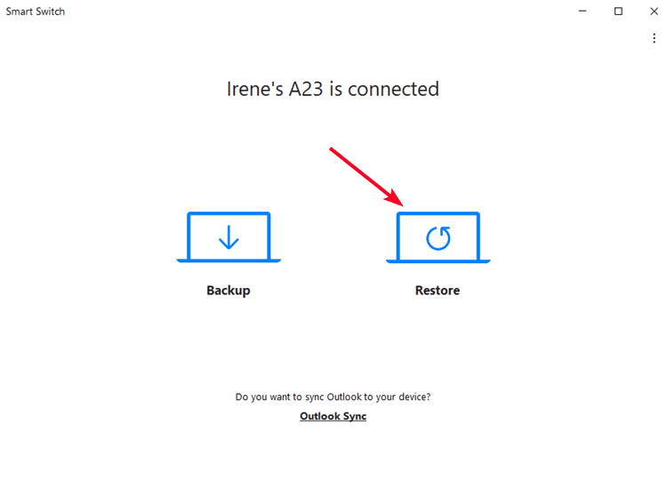 Η αρχική οθόνη της εφαρμογής υπολογιστή Samsung Smart Switch