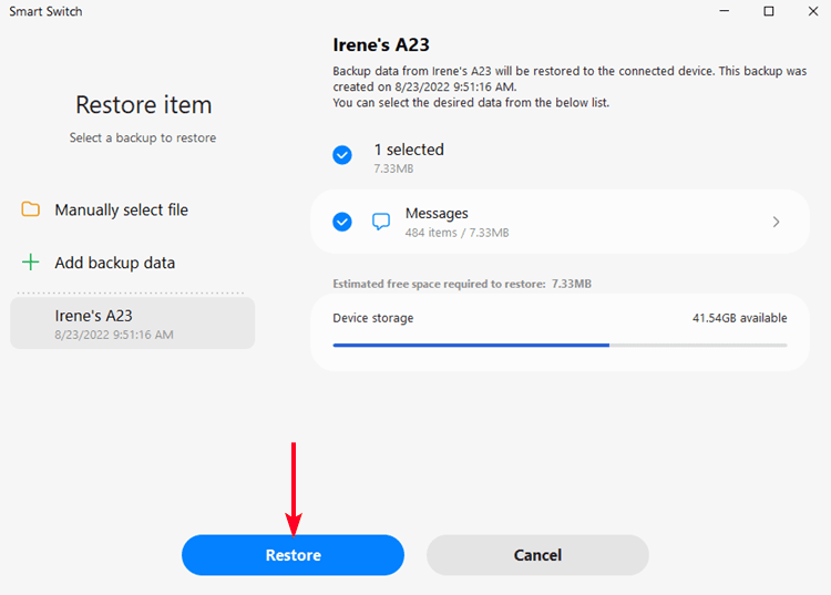 Το μενού Επαναφορά στην εφαρμογή Samsung Smart Switch PC
