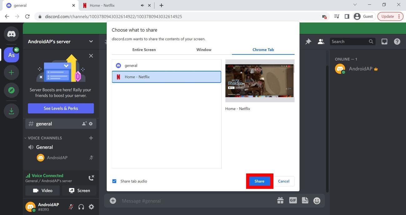 Η καρτέλα επιλογής για επιλογές κοινής χρήσης οθόνης στο Discord (επιφάνεια εργασίας)