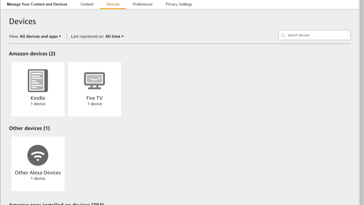 Το στιγμιότυπο οθόνης δείχνει τη σελίδα συσκευών Amazon στις ρυθμίσεις λογαριασμού.  Παρατίθενται διάφορες συσκευές, συμπεριλαμβανομένου του Kindle.