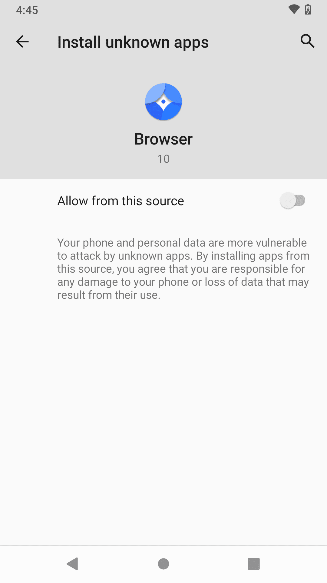The toggle for enabling unknown apps in the browser on Android