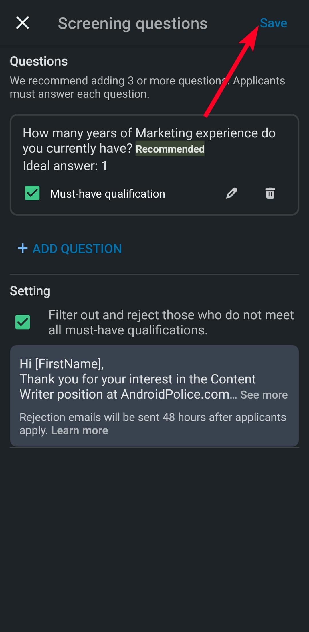 Προσθήκη ερωτήσεων ελέγχου στην αγγελία εργασίας στην εφαρμογή LinkedIn Android