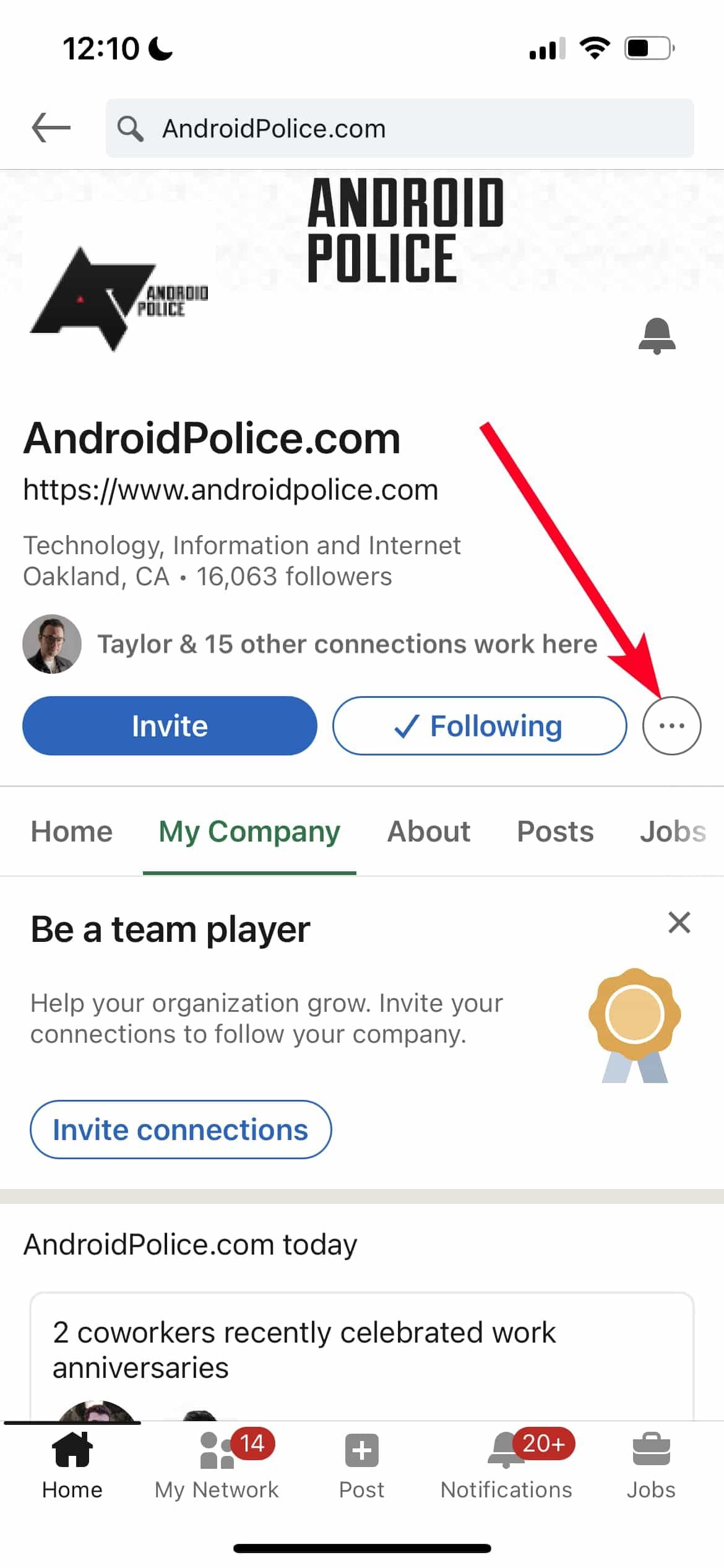 Σελίδα εταιρείας Android Police στο LinkedIn με χρήση iPhone
