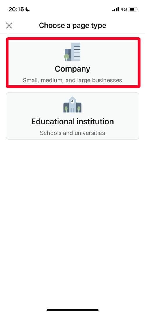 Επιλέξτε έναν τύπο σελίδας, είτε Εταιρία είτε Εκπαιδευτικό ίδρυμα, στην εφαρμογή LinkedIn iOS