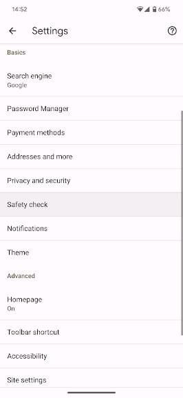 στιγμιότυπο οθόνης του μενού ρυθμίσεων της εφαρμογής Chrome android