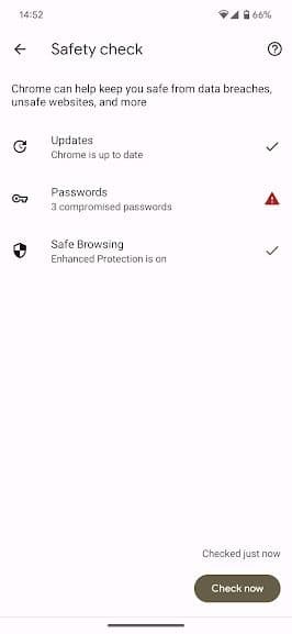 στιγμιότυπο οθόνης της εφαρμογής Chrome android που ολοκληρώθηκε ο έλεγχος ασφαλείας