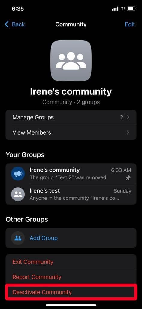 deactivate WhatsApp community on iPhone