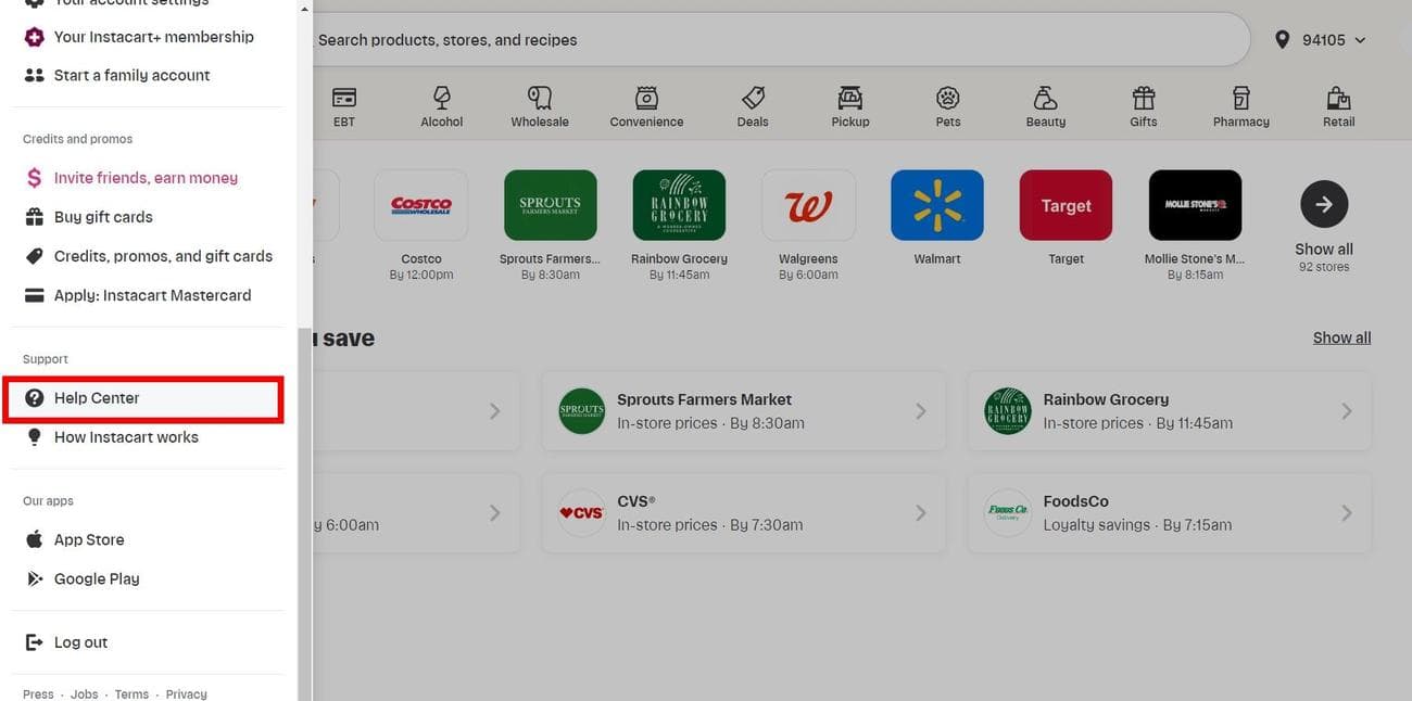 Πλαϊνή γραμμή αρχικής σελίδας Instacart