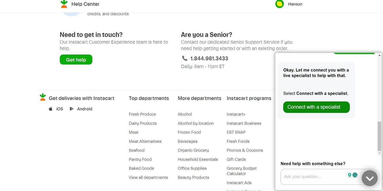 Ζωντανή συνομιλία Instacart