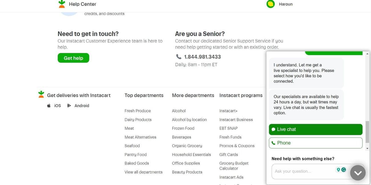 Ζωντανή συνομιλία Instacart
