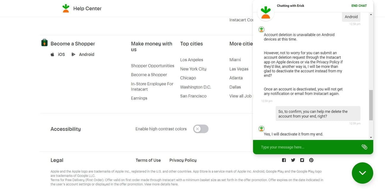 Ζωντανή συνομιλία Instacart