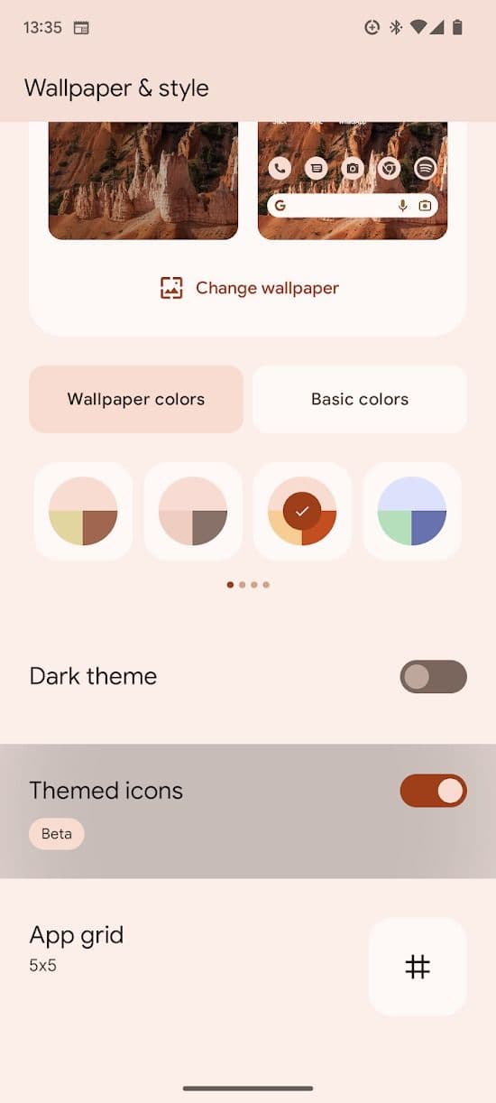 Στιγμιότυπο οθόνης θεματικών εικονιδίων εναλλαγή στο Pixel 7
