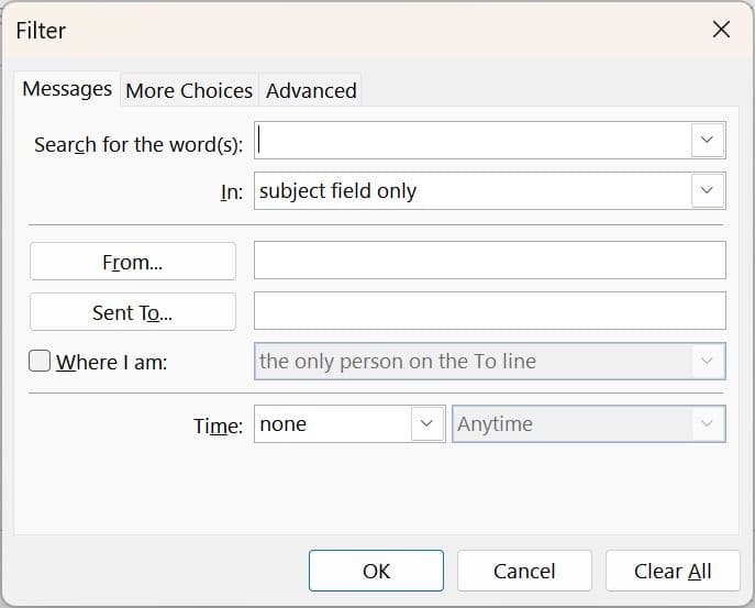 Το μενού Φίλτρο στο Outlook για εξαγωγή μηνυμάτων που πληρούν ορισμένα κριτήρια