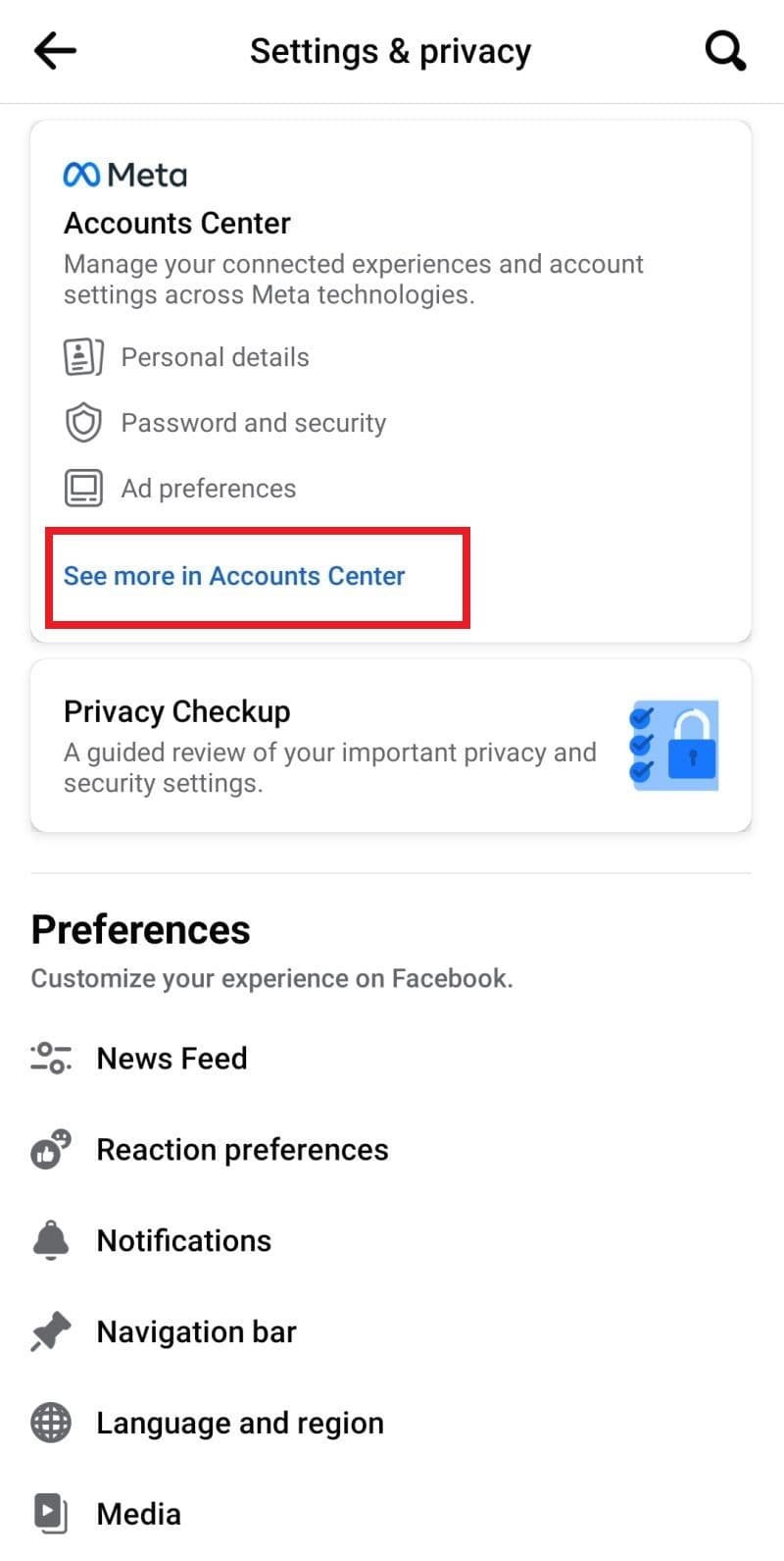 Κέντρο λογαριασμών Facebook εμφανίζει επιλεγμένη την επιλογή 