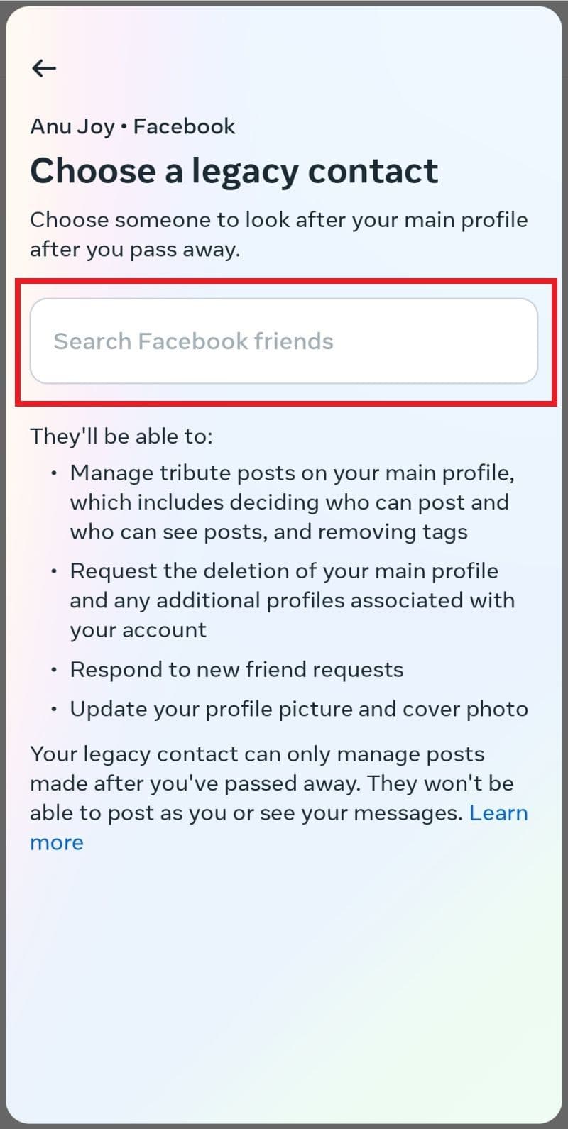 Το Facebook Επιλέξτε μια οθόνη επαφής παλαιού τύπου με τονισμένο το πλαίσιο αναζήτησης