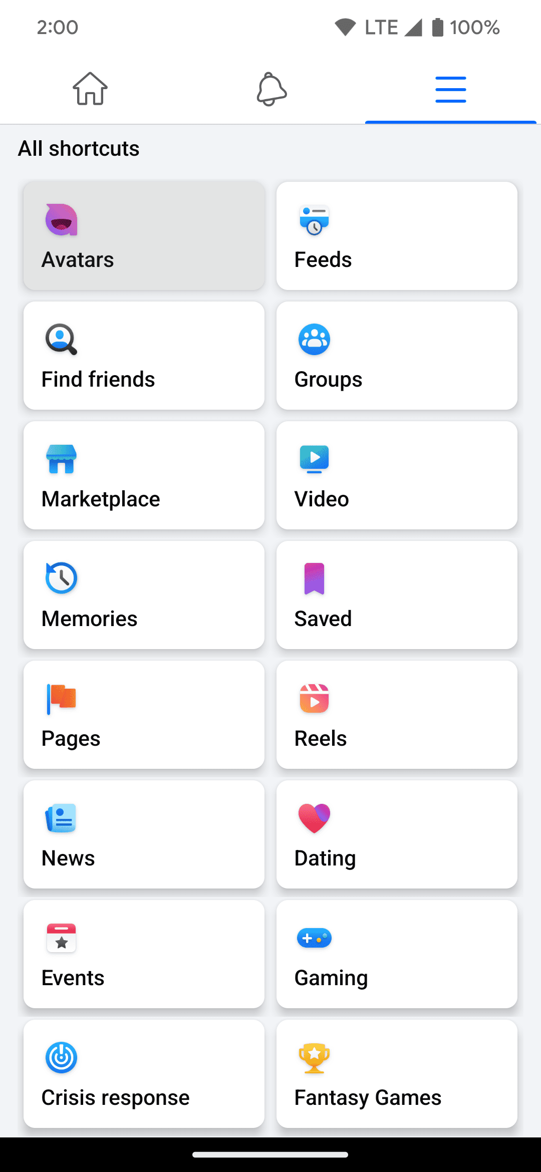 Επιλέγοντας την ενότητα Avatars στην εφαρμογή Facebook.